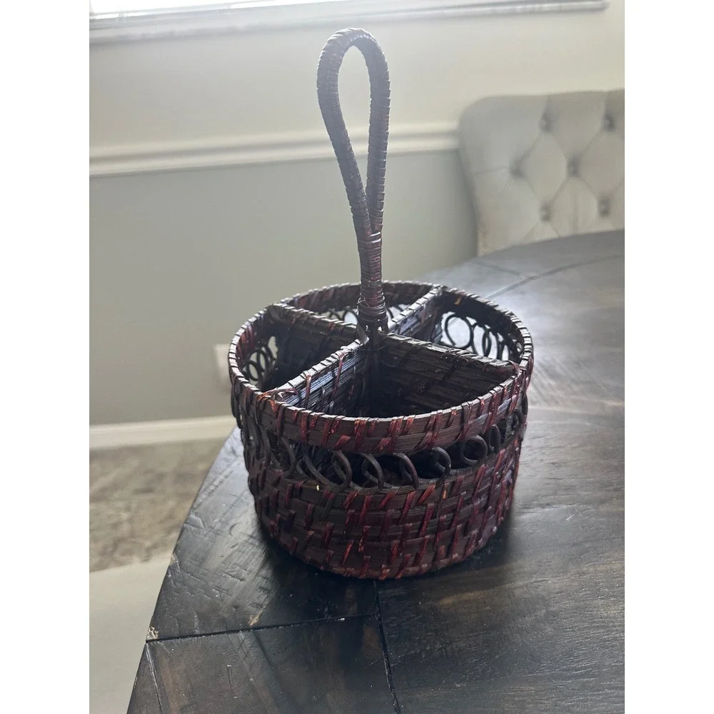 Woven Wicker Utensil Caddy Dark Brown Round 4 Compartment Silverware Holder 7in